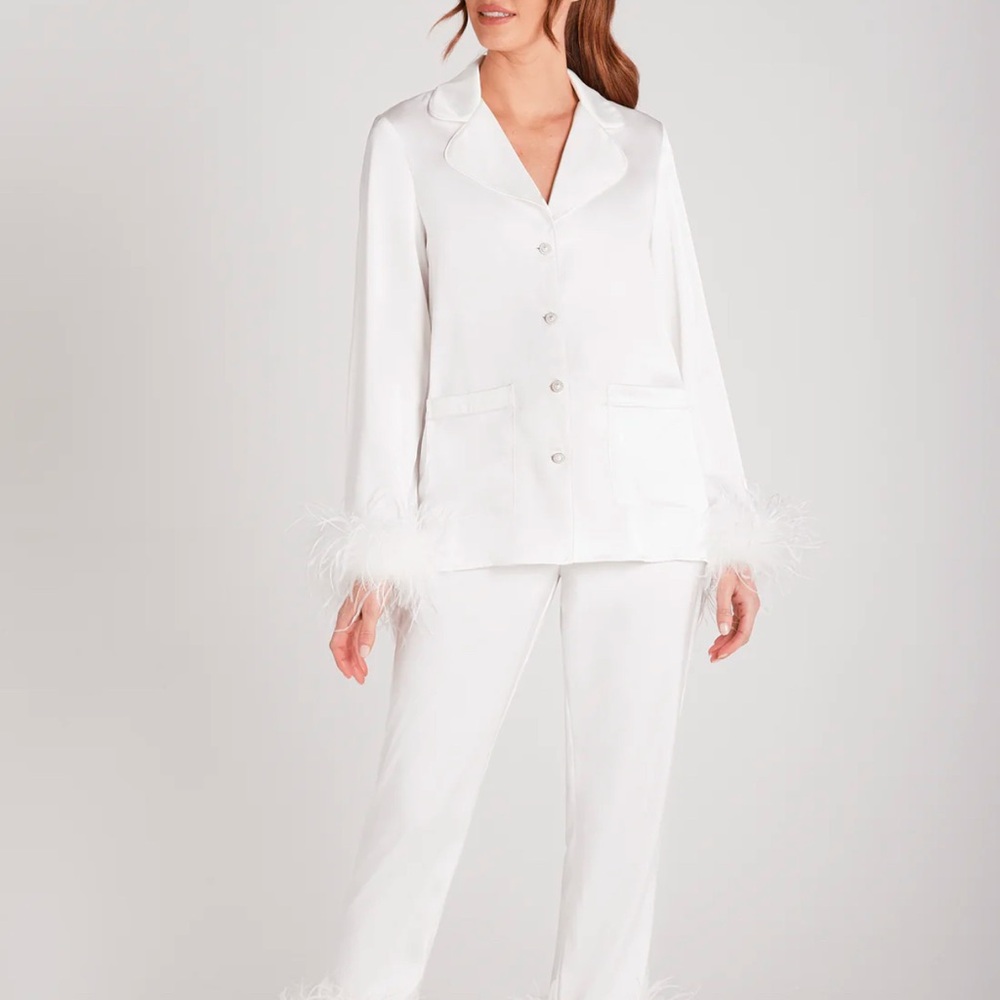 White Satin Pajama Set with Feather Trim